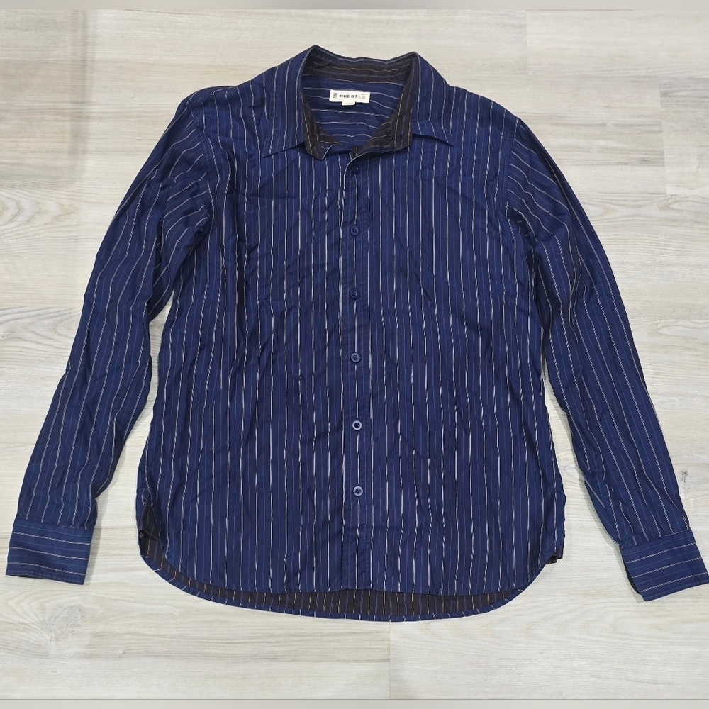 Buckle BKE 67 Button Up Shirt Mens L Blue Striped With Black